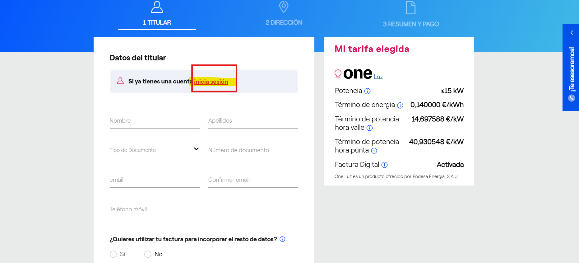 Cambiar tarifa Endesa online