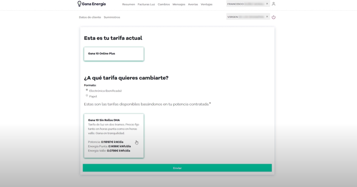 Cambiar tarifa PC Área Clientes Gana Energía