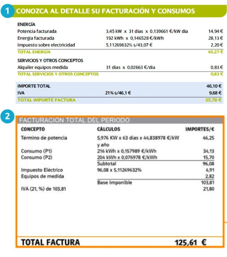Detalle del consumo en las facturas de Iberdrola (1) y Repsol (2)