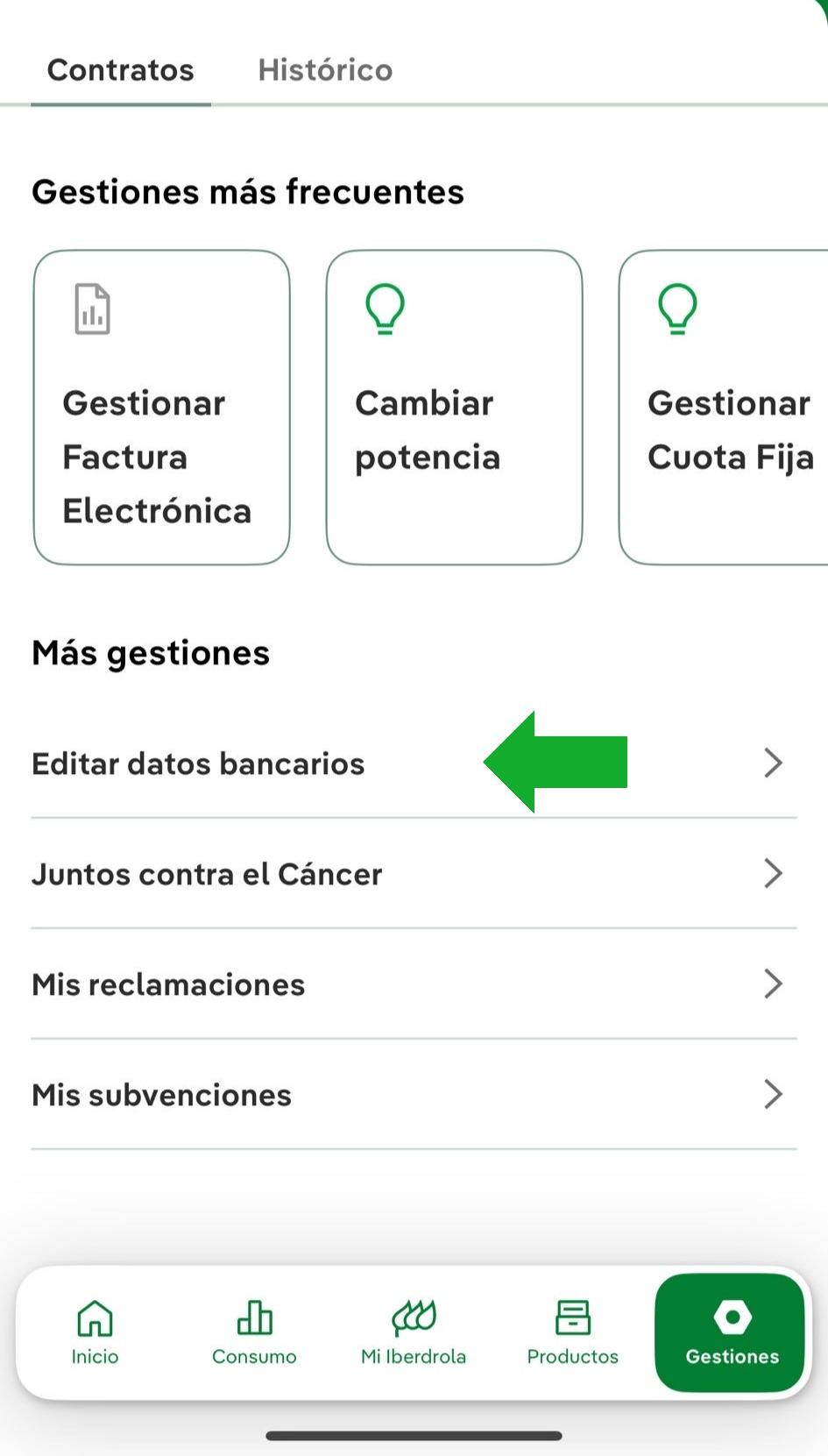 Editar datos bancarios App Iberdrola