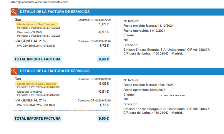 Factura de gas de Endesa con el detalle del servicio de mantenimiento