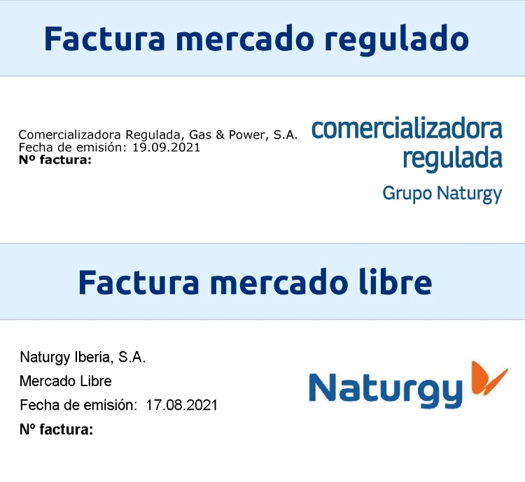 Diferencia entre la cabecera de la factura de Naturgy Iberia (mercado libre) y la de la Comercializadora Regulada, Gas & Power (mercado regulado)