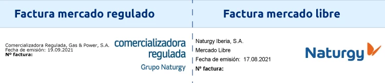 Diferencia entre la cabecera de la factura de Naturgy Iberia (mercado libre) y la de la Comercializadora Regulada, Gas & Power (mercado regulado)