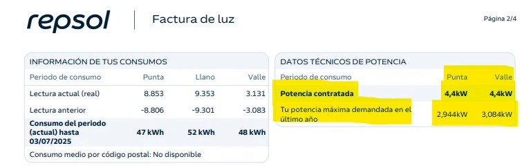 Factura de luz de Repsol, 2025