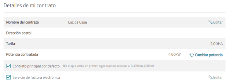 Apartado Detalles de mi contrato en el área de clientes de Régsiti