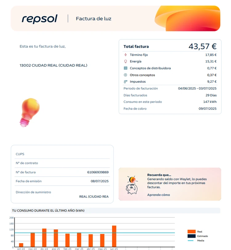 Anverso factura de luz de Repsol 2025